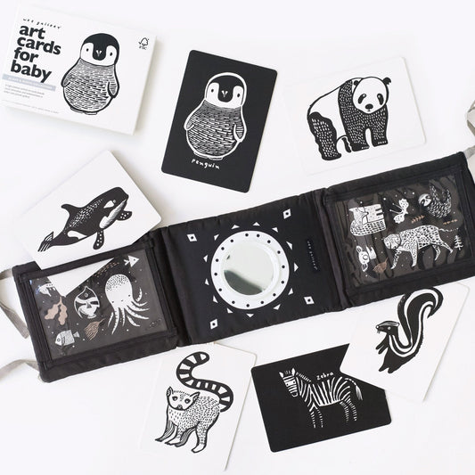 Black and white art cards for baby with animal illustrations on a white background