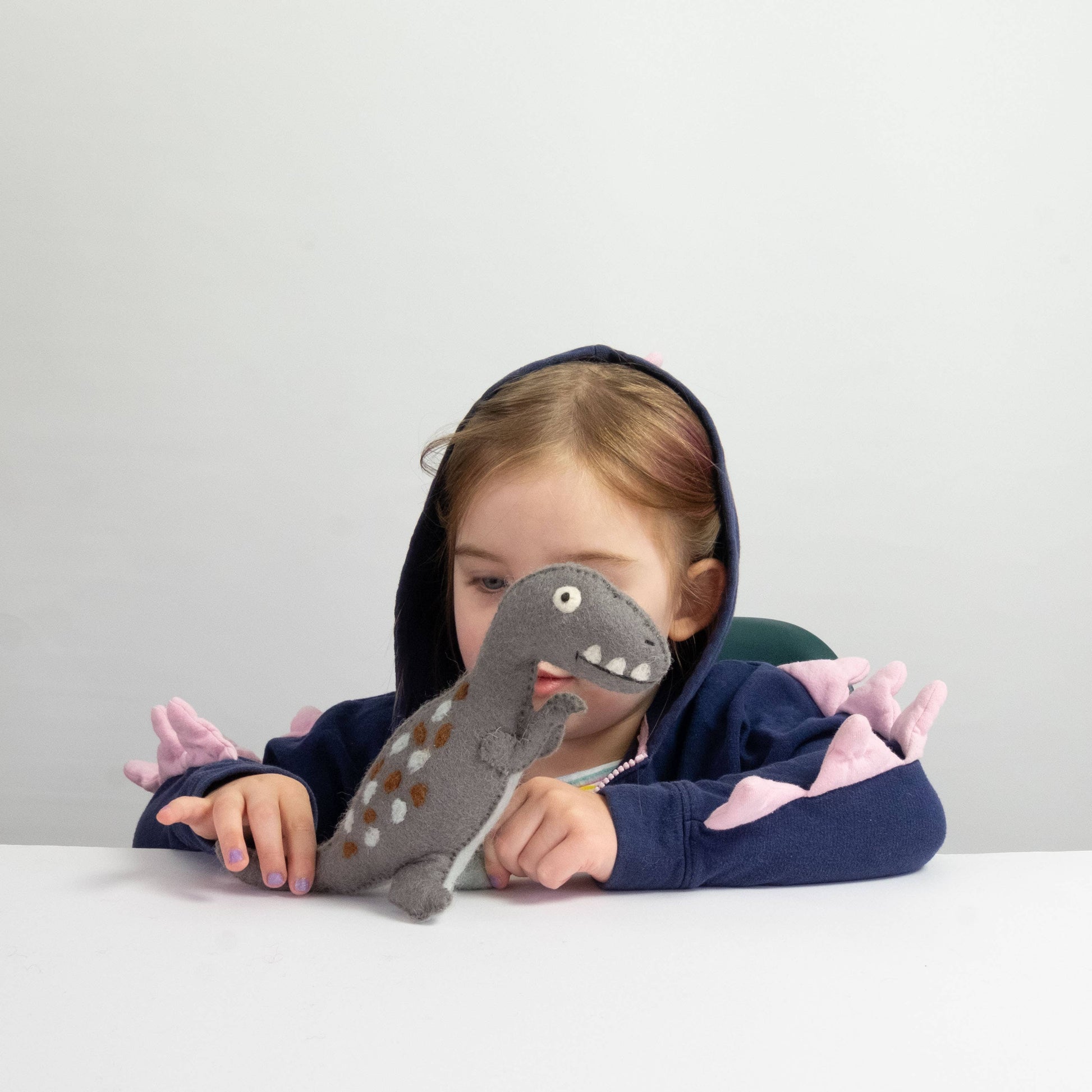 Child wearing a dinosaur-themed hoodie with a plush toy dinosaur in front of them on a white background