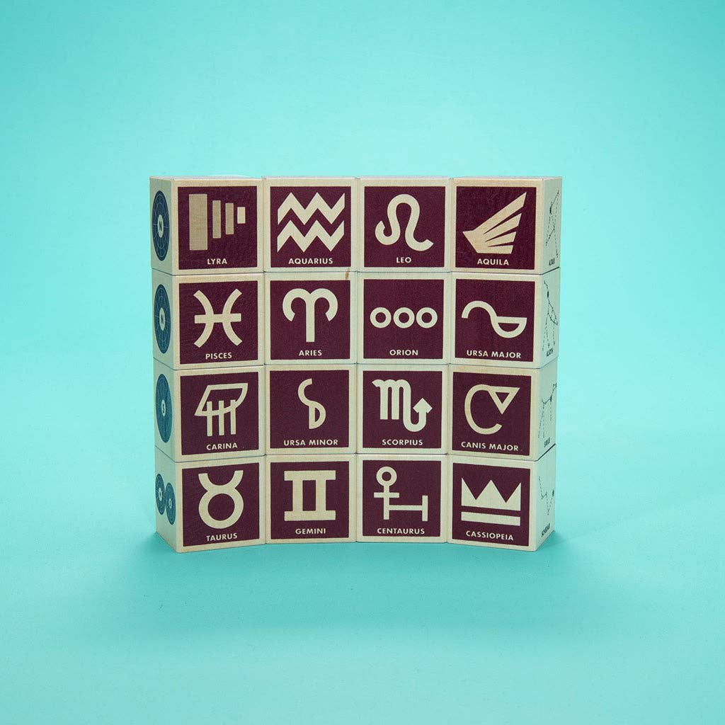 Set of wooden blocks with zodiac symbol designs on a teal background