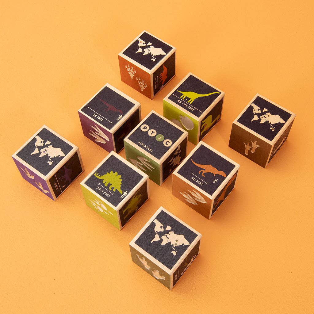 Set of nine wooden blocks with dinosaur illustrations on an orange background