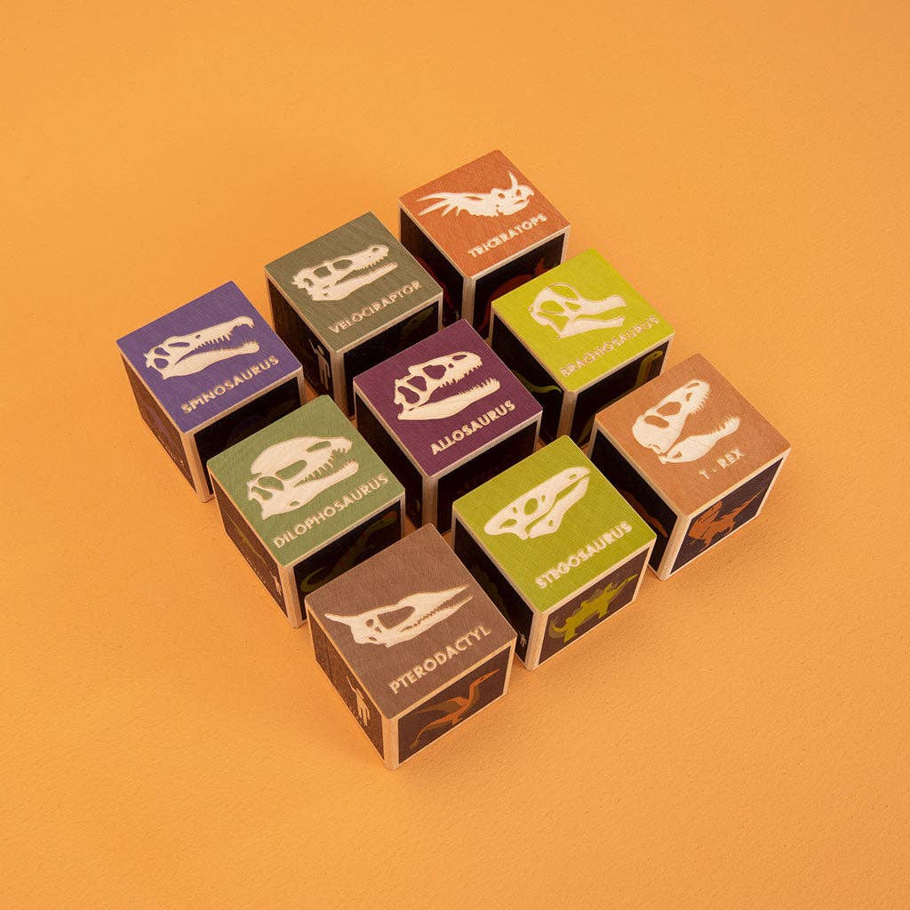Set of colorful dice with dinosaur illustrations on an orange background