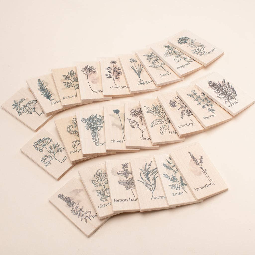Set of wooden learning tiles with herb designs on a beige background