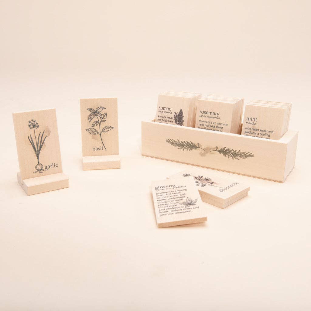 Set of wooden herb tiles with illustrations and names on a light background