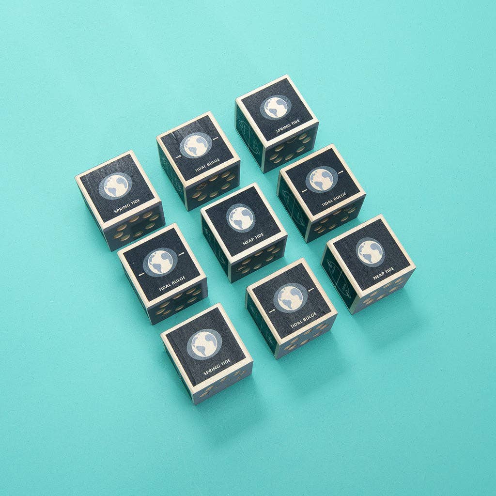Nine small black blocks with white moons on a teal background