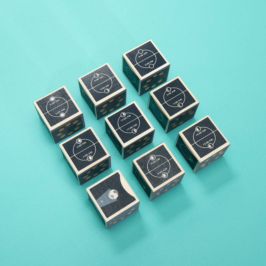 Nine small blocks with moon phases arranged on a teal background