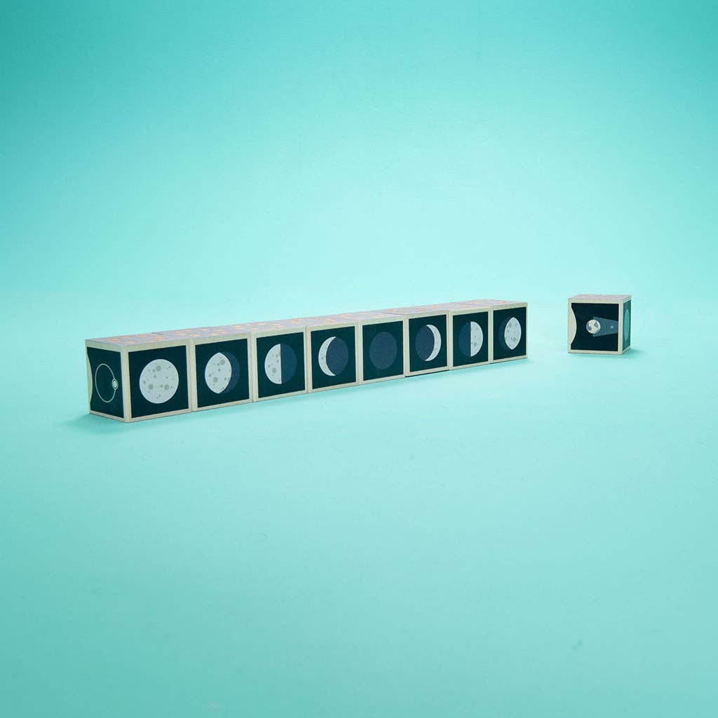 Set of moon phase blocks on a teal background
