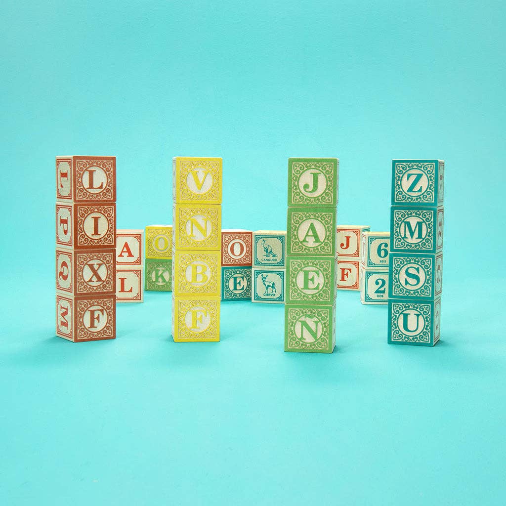 Spanish Alphabet blocks on a turquoise background