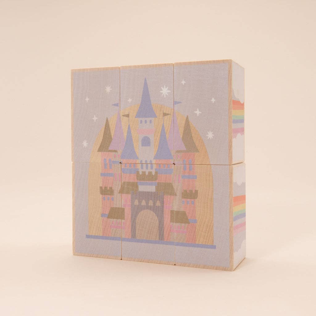 Wooden block set with castle design on a beige background