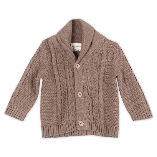 Brown cable knit cardigan with buttons on a white background