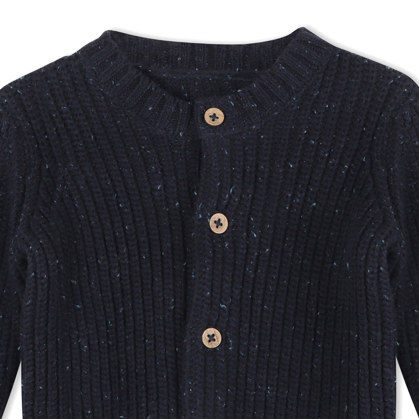 Navy blue ribbed sweater with wooden buttons on a white background
