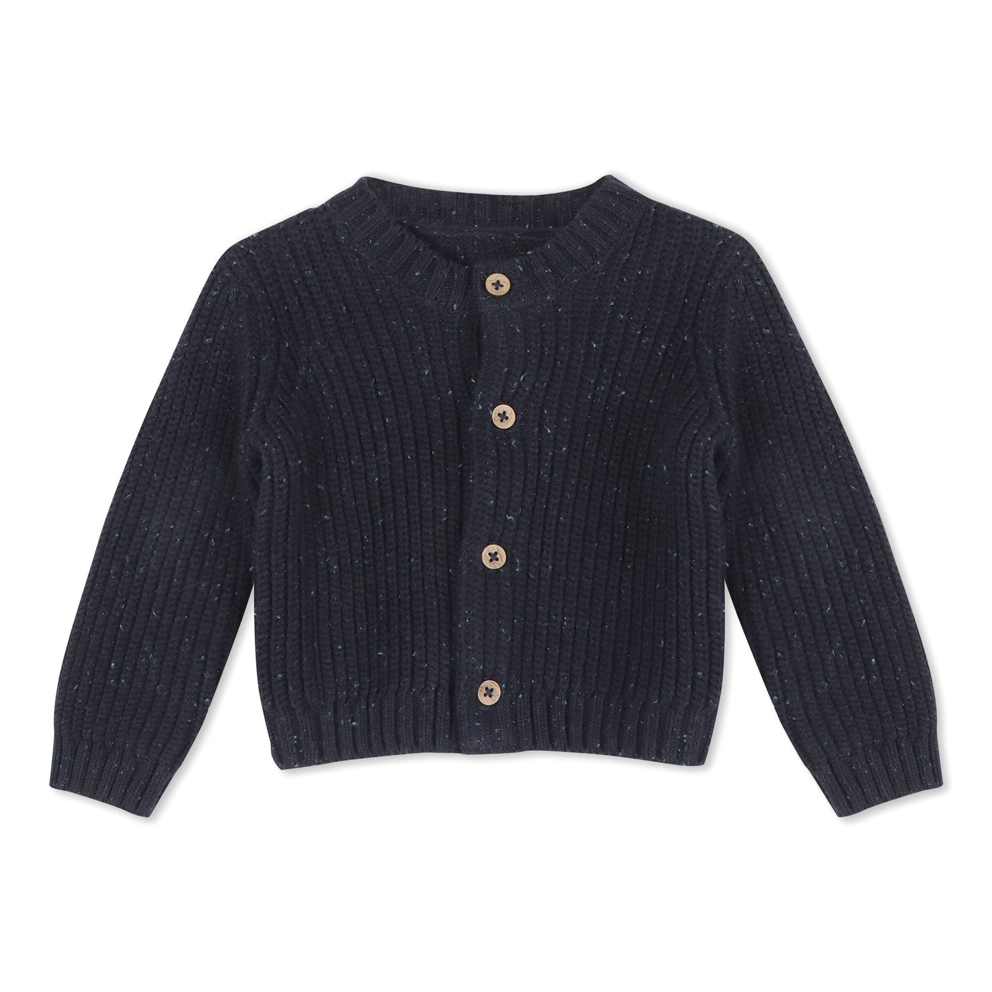 Navy ribbed knit cardigan with buttons on a white background