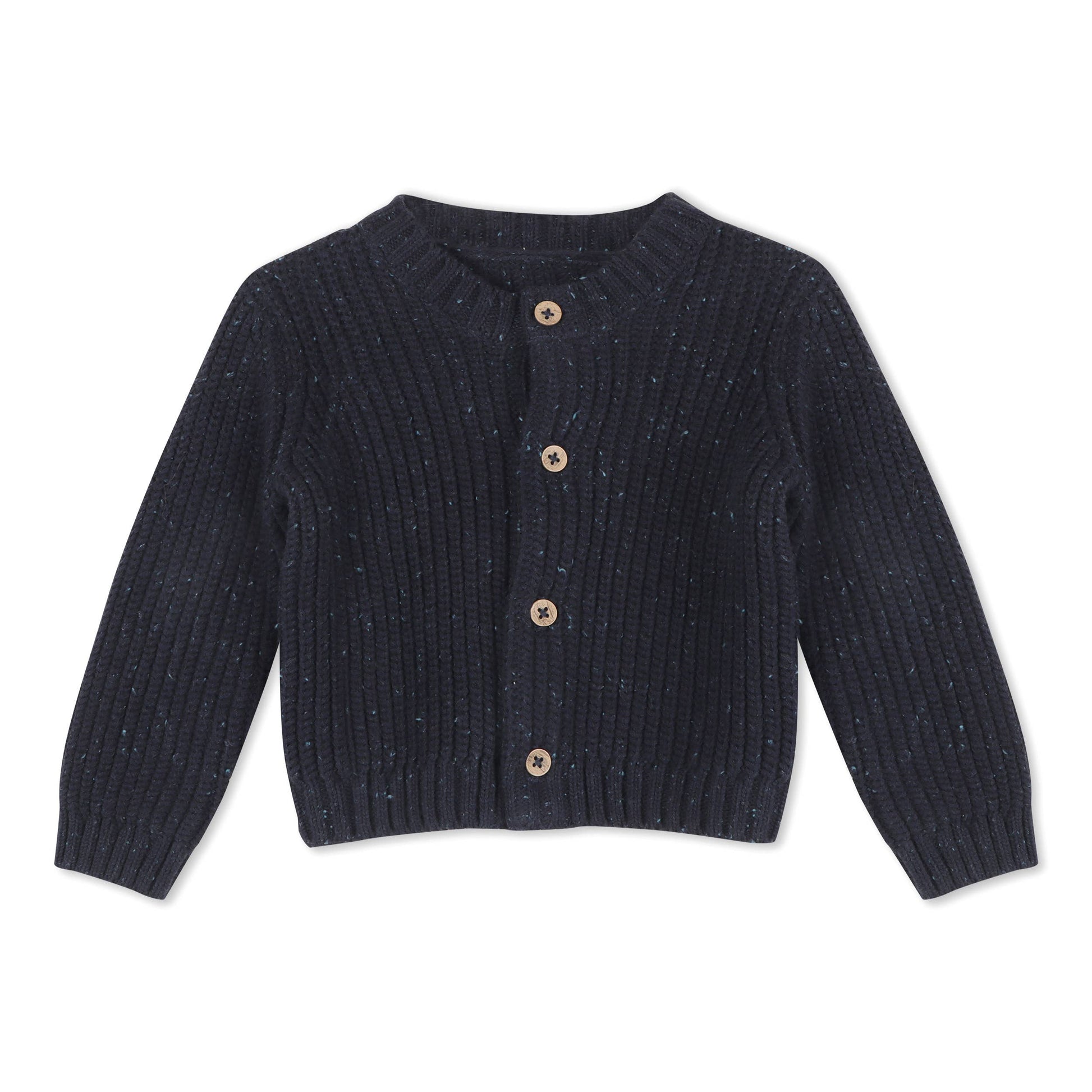 Navy ribbed knit cardigan with buttons on a white background