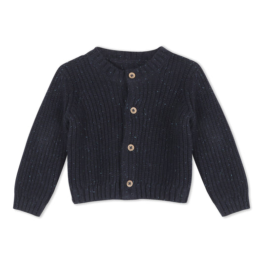 Navy ribbed knit cardigan with buttons on a white background