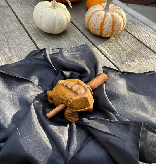 A large croaking frog on a solid black playsilk with pumpkins in the background