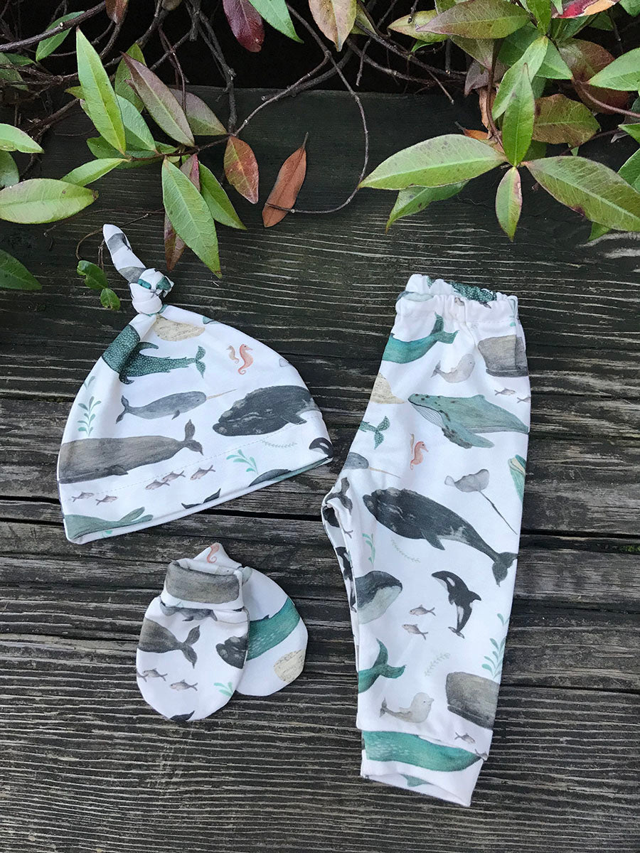 Watercolor Whale pants, mitts and hat