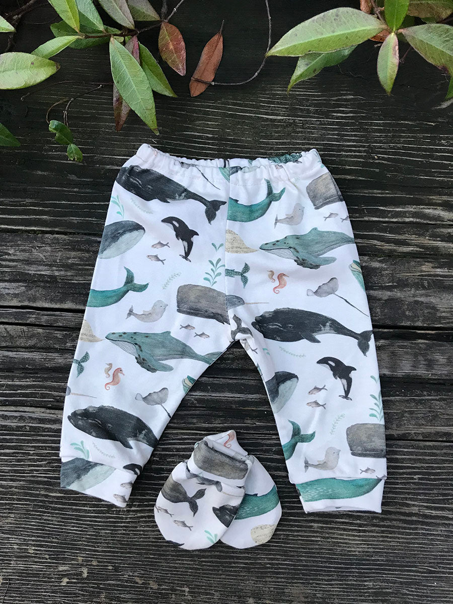 Watercolor Whales Baby Mitts and pants