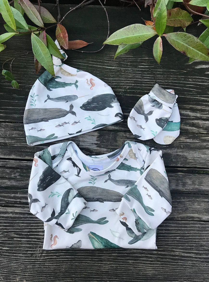 Watercolor Whales Baby Mitts, Hat, and long sleeve onesie