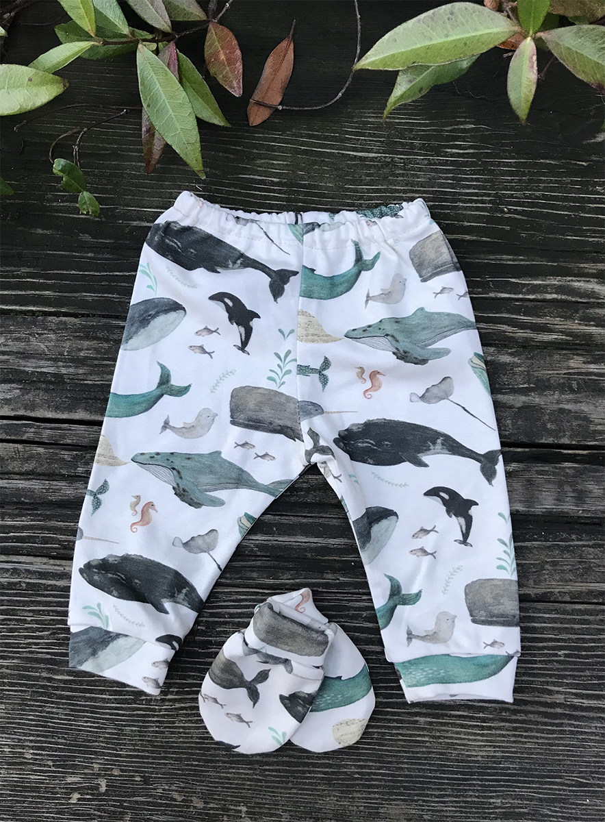Watercolor Whale pants and mitts