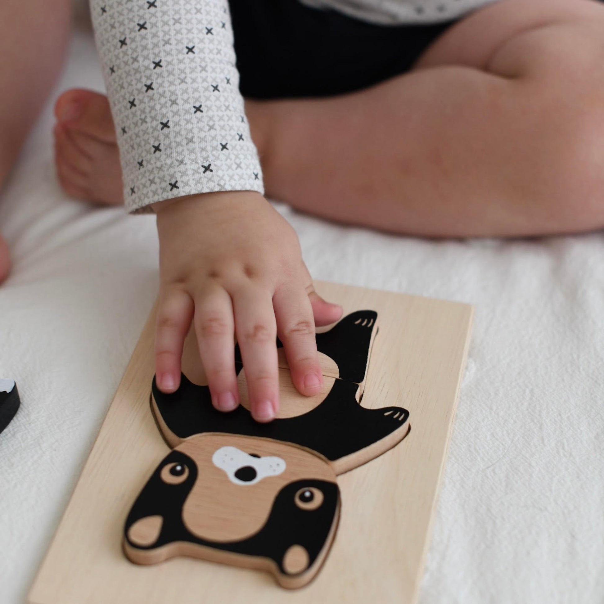 Child's hand interacting with a wooden puzzle of a dog on a white surface