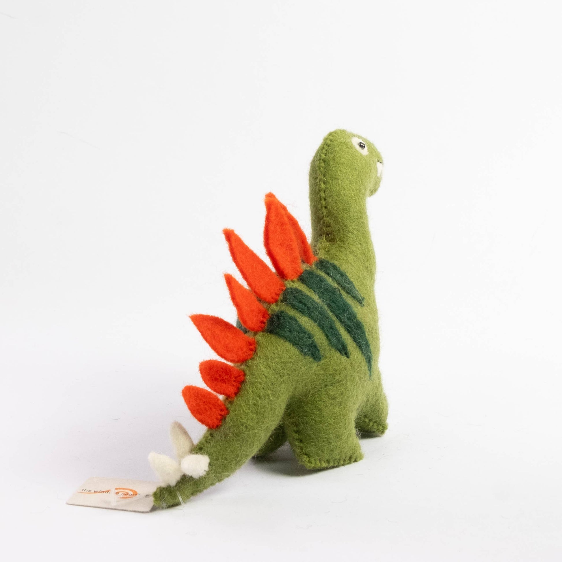 back view of wool felt stegosaurus