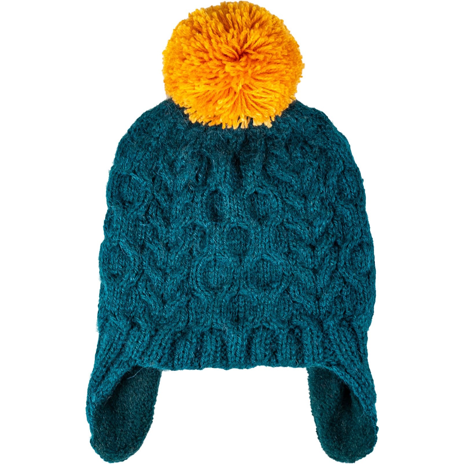 Blue Cable Hat with Yellow Pompom