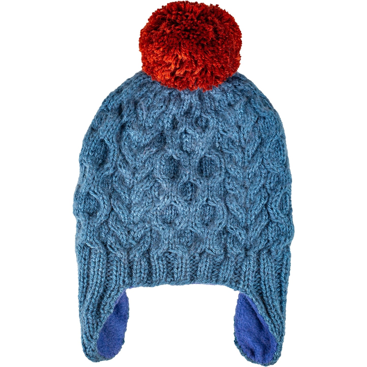 Blue Cable Hat with Red Pompom