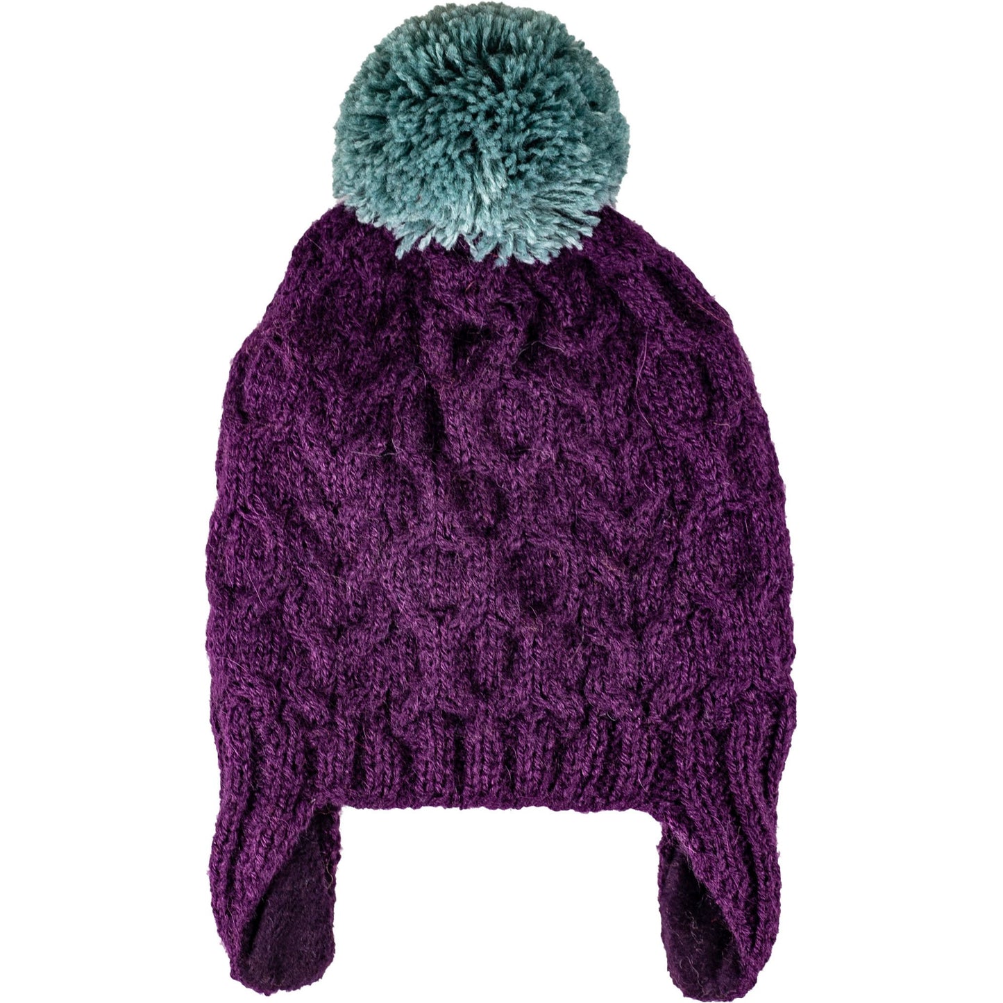 Purple Cable Hat with Blue Pompom