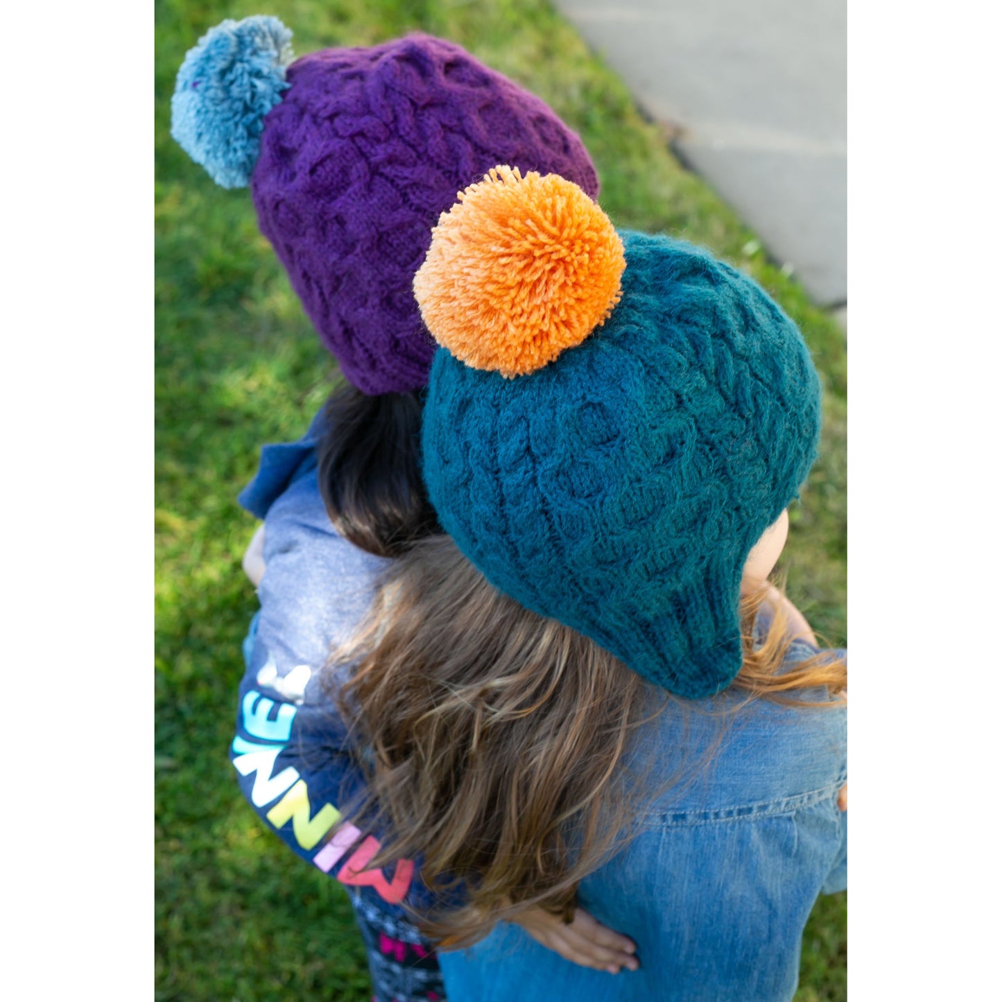 Kids with Purple and Blue Cable Hats
