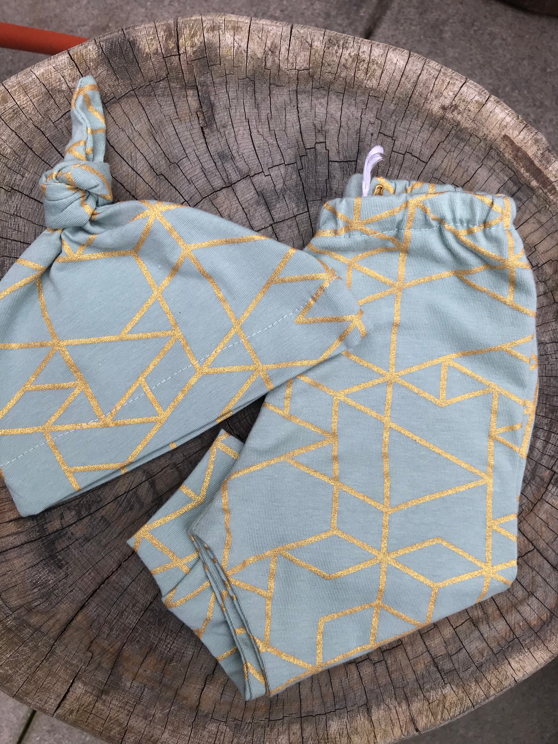 Gold Geometric Baby Pants and Hat Set