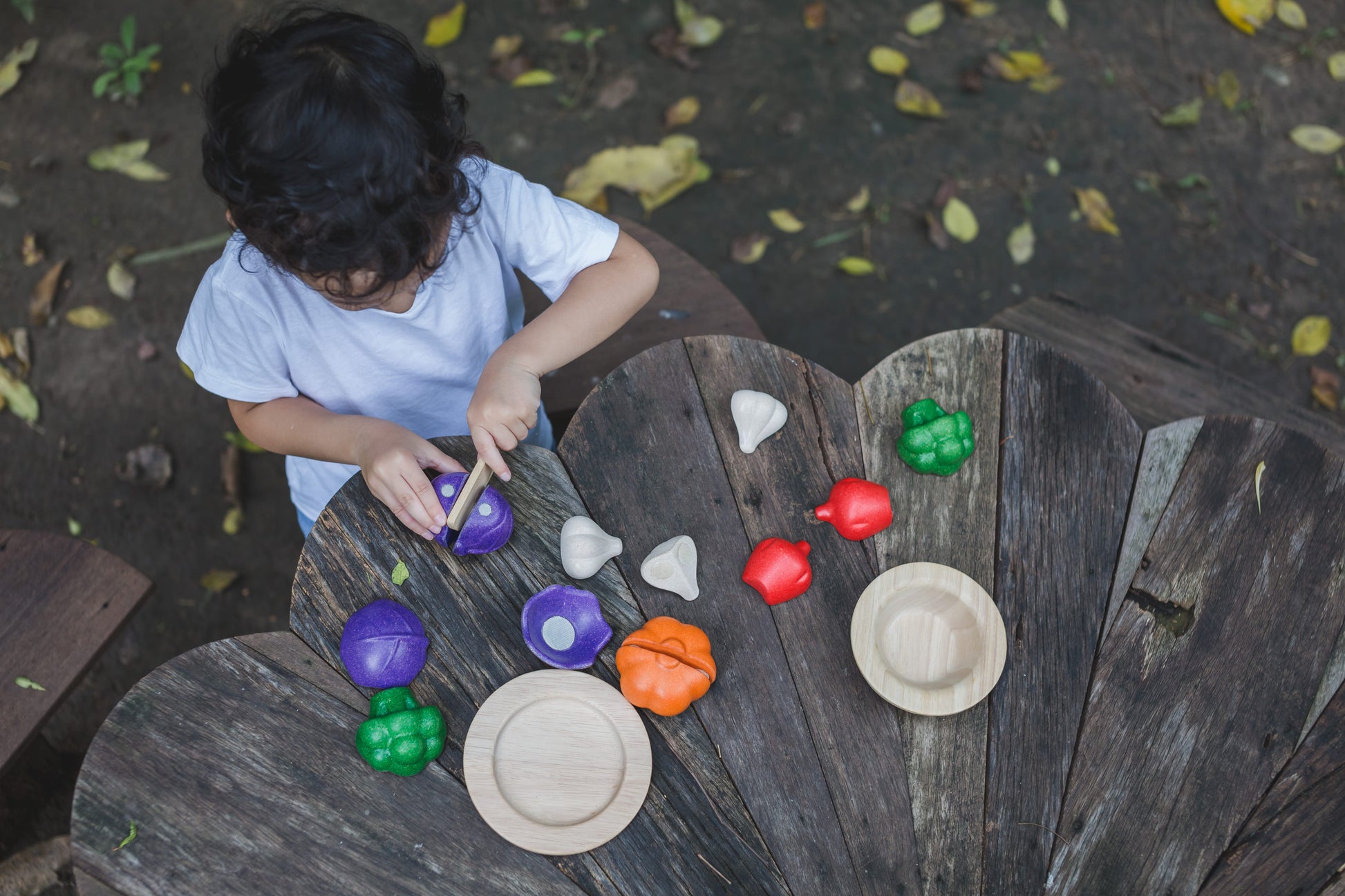 A child playing with a set of colorful wooden vegetables and wooden plates on a woo table