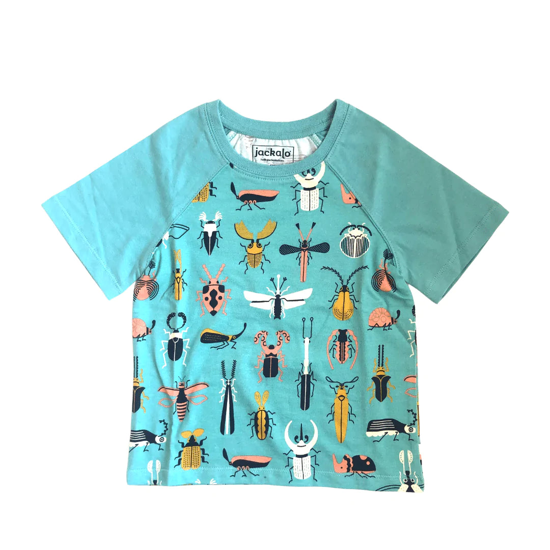 A teal, short-sleeve t-shirt with a colorful beetle print.