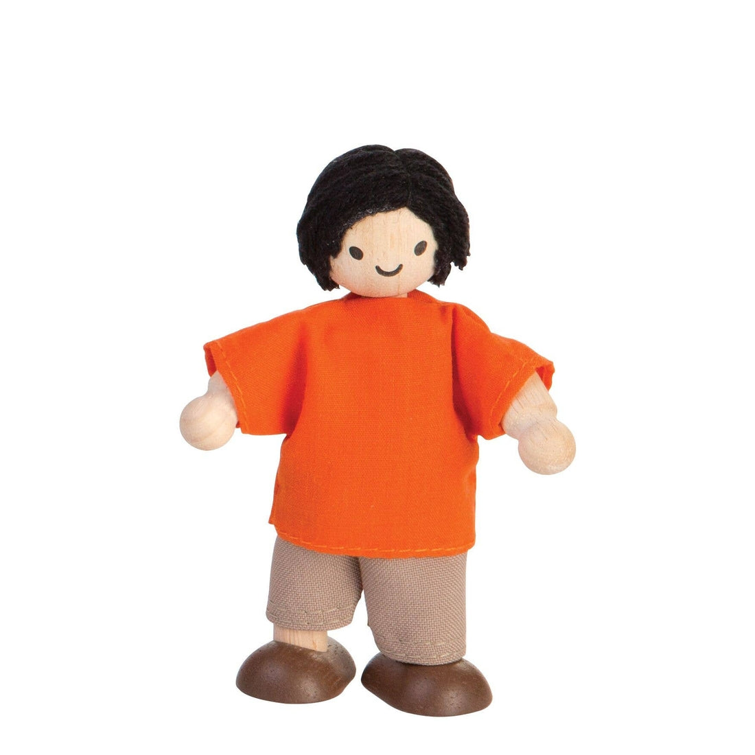 plan toys doll with black hair and in a orange shirt