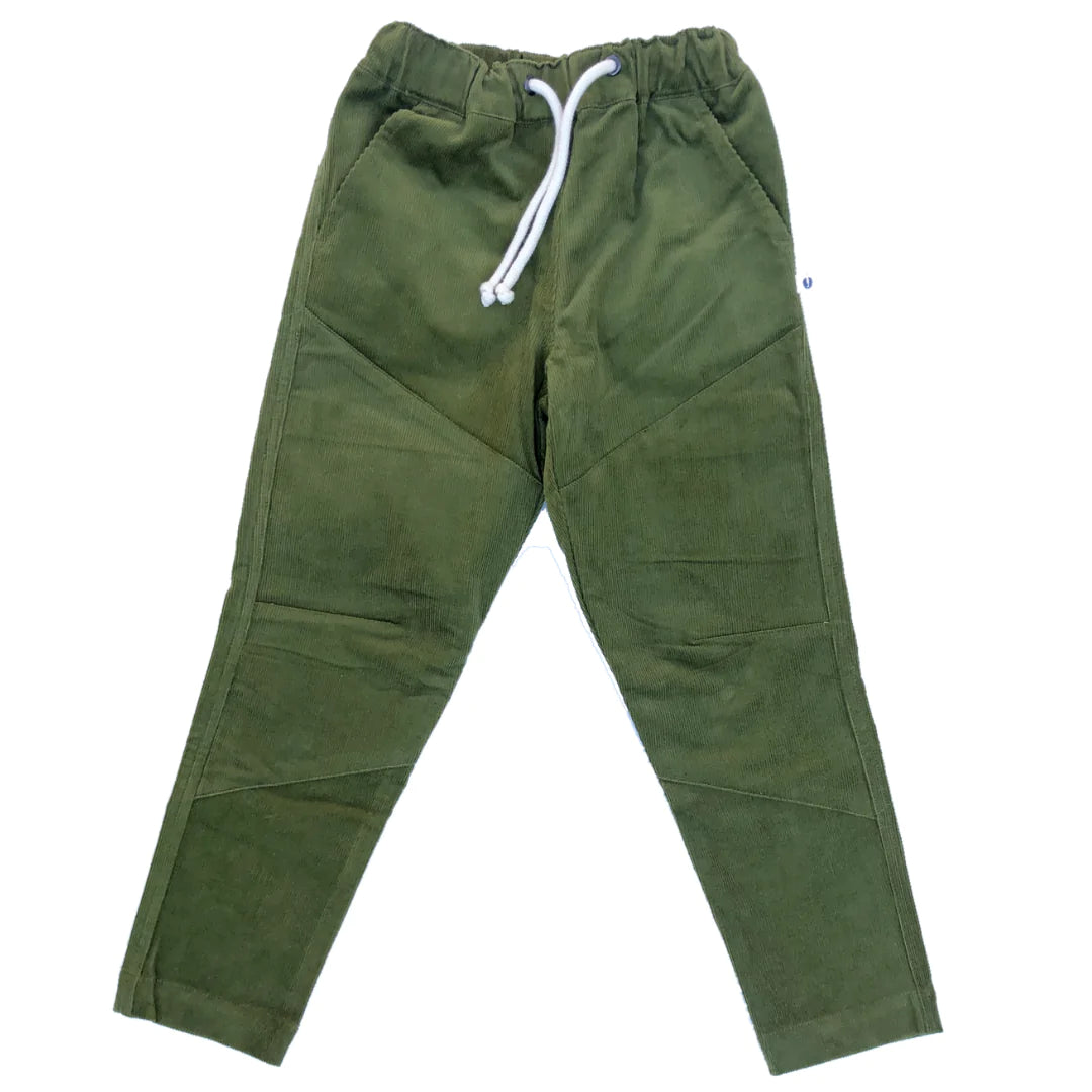A pair of Jackalo's olive green corduroy pants.