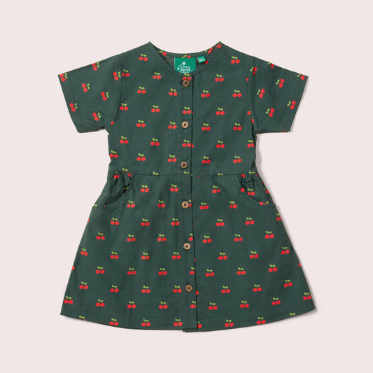 Cherries Buttons Short Sleeve Dress in Olive