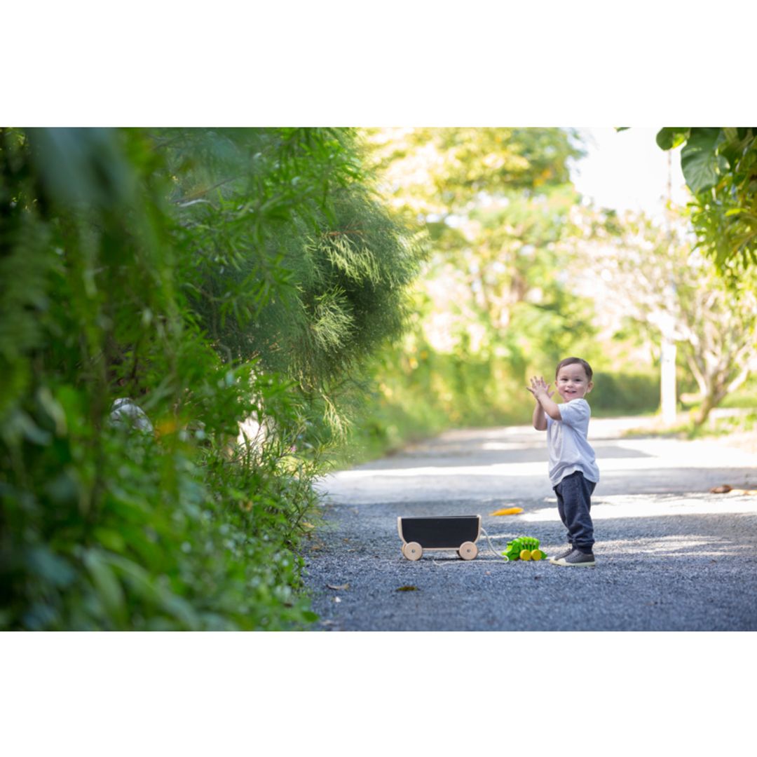 Child playing outside Kids with Black Wagon  by Plan Toys