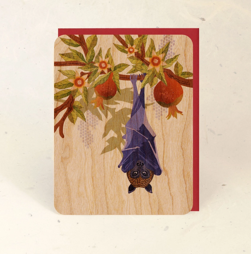 Fruit Bat and Pomegranate Wood Greeting Card