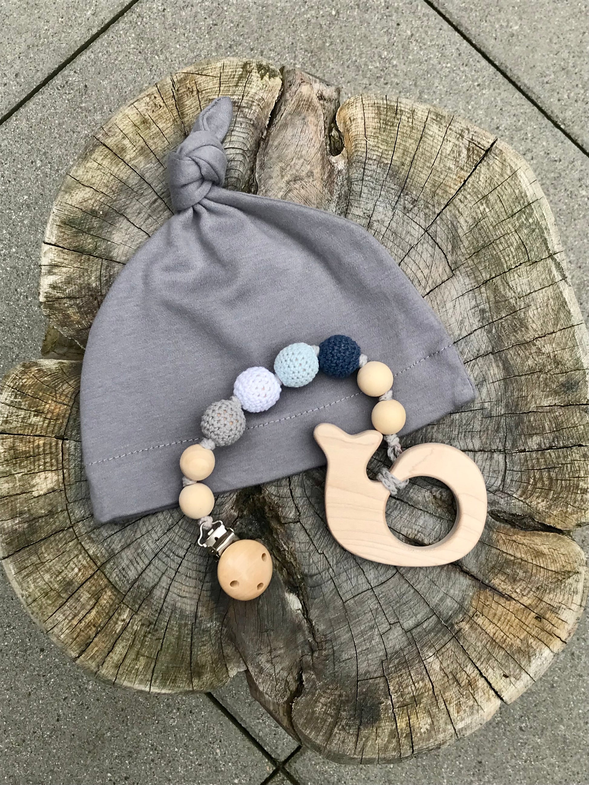 Whale pacifier clip with slate baby hat