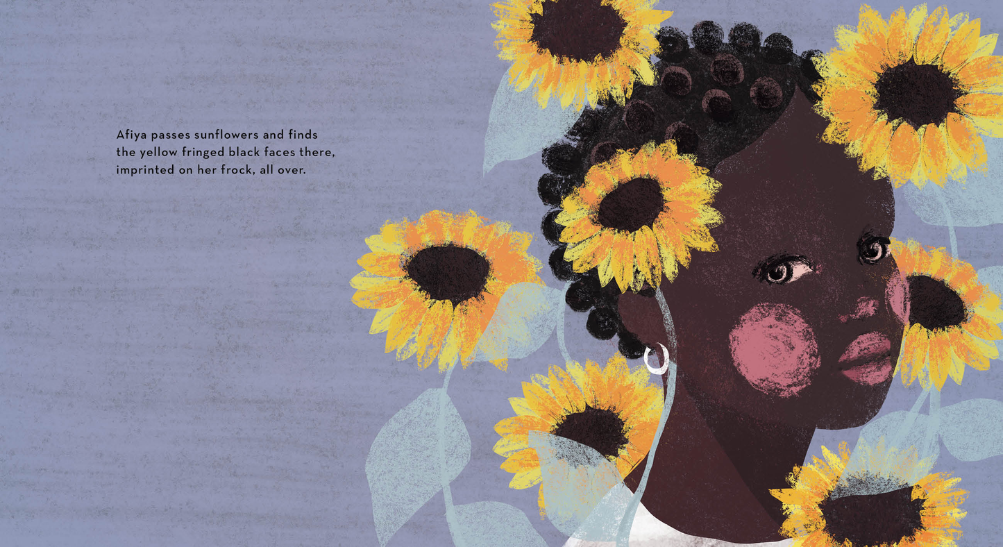 A page from A Story about Afiya: a child is surrounded by sunflowers