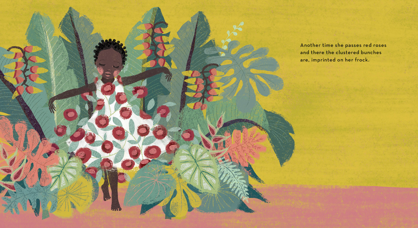 A page from A Story About Afiya: a child wearing a white dress decorated with red flowers is dancing among plants