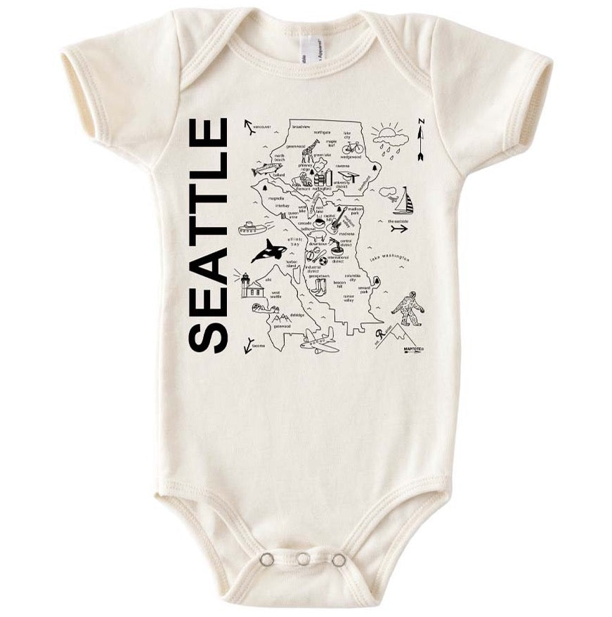 A white baby onesie printed with a map of the city of Seattle. The word "Seattle" is printed vertically on the left side.