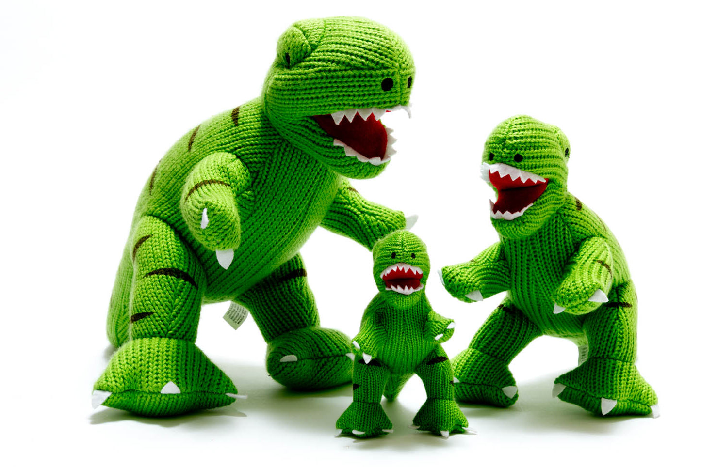 Three Green Knitted T Rex toys