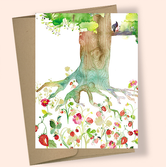 strawberry rots June bird watercolor greeting card