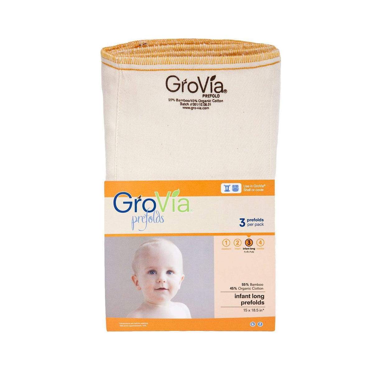 GroVia - Bamboo Prefold Cloth Diapers in a pack of 3 long infant