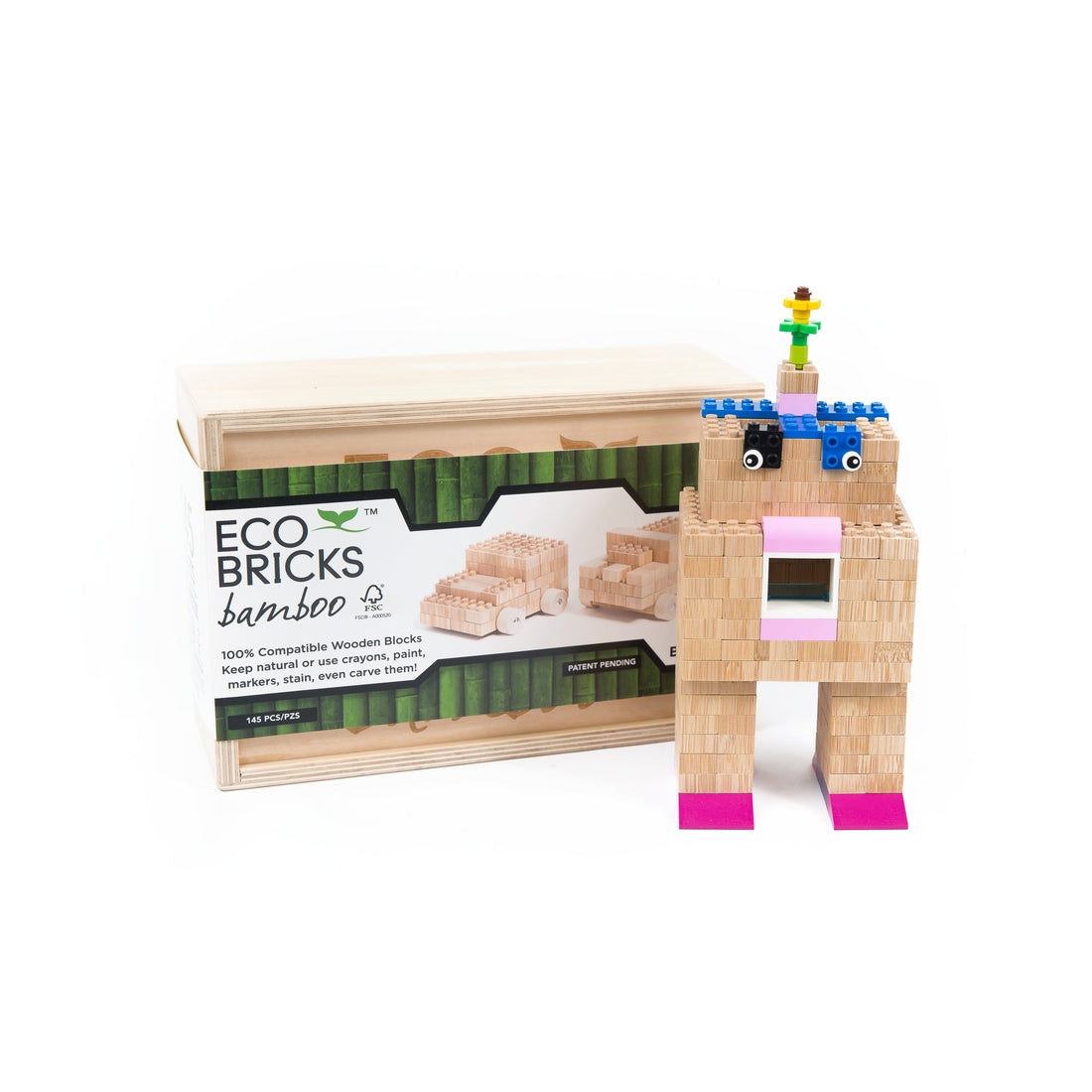 Eco-Bricks Bamboo 145-piece box with a structure built of Bamboo Eco-Bricks