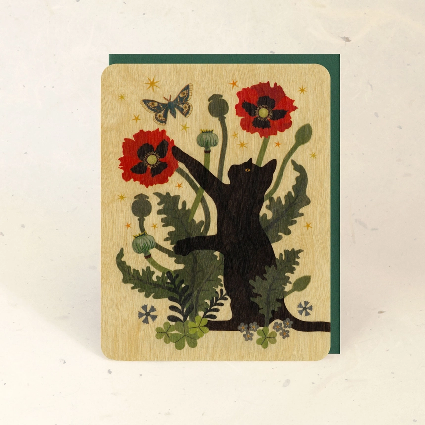 black cat and poppies wood greeting card
