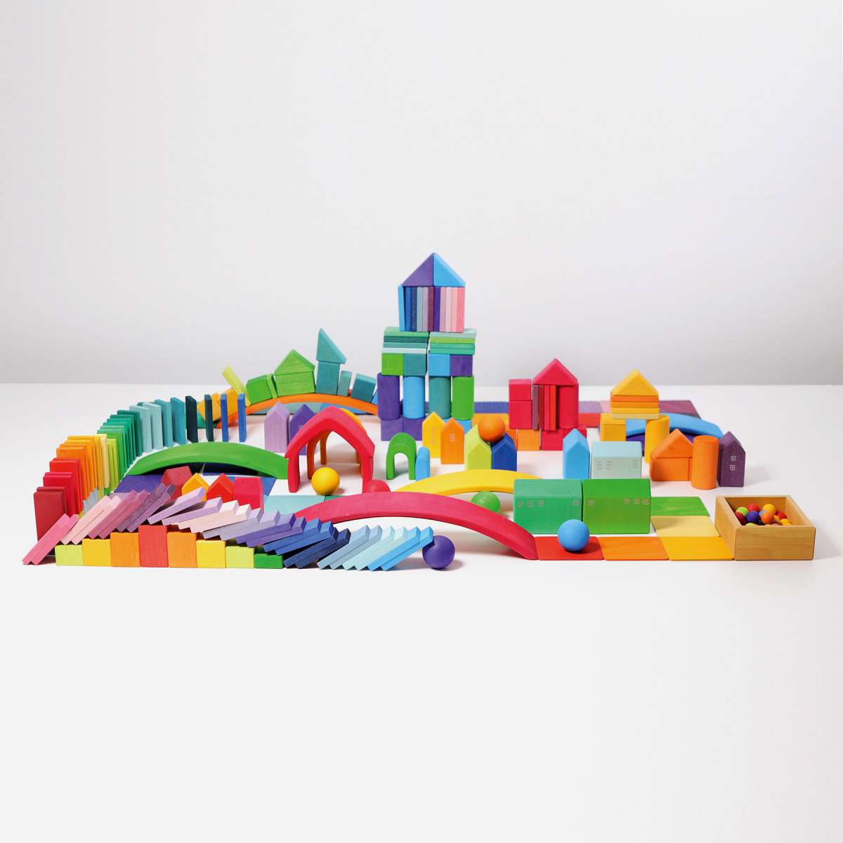 Color Charts Rally set with rainbow blocks, balls, and rollers