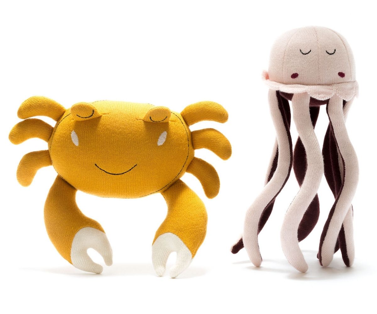 Knitted organic cotton jellyfish and crab plush toys
