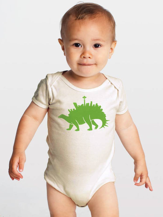 Baby wearing Seattlesaurus organic baby onesie