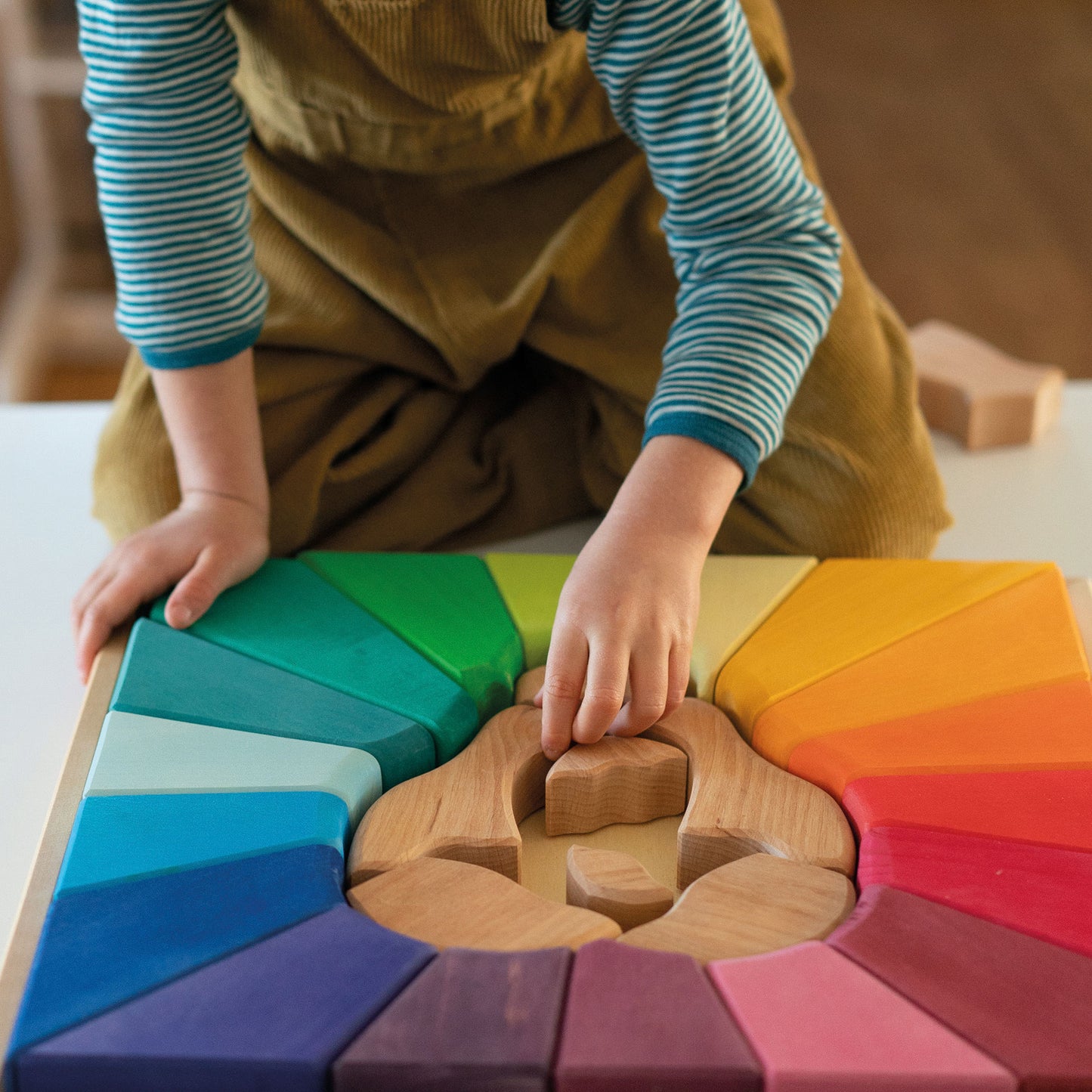 a child playing with rainbow lion puzzle