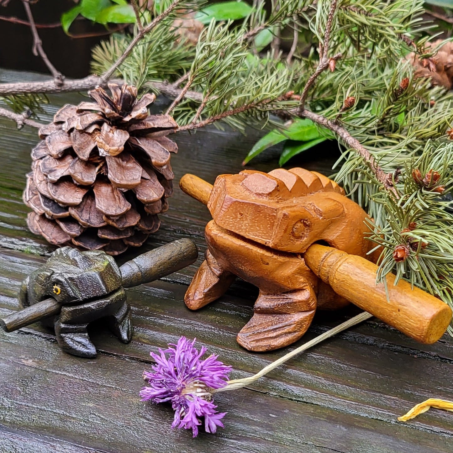 Small and Large Croaking Frog Toy with Wooden Stick